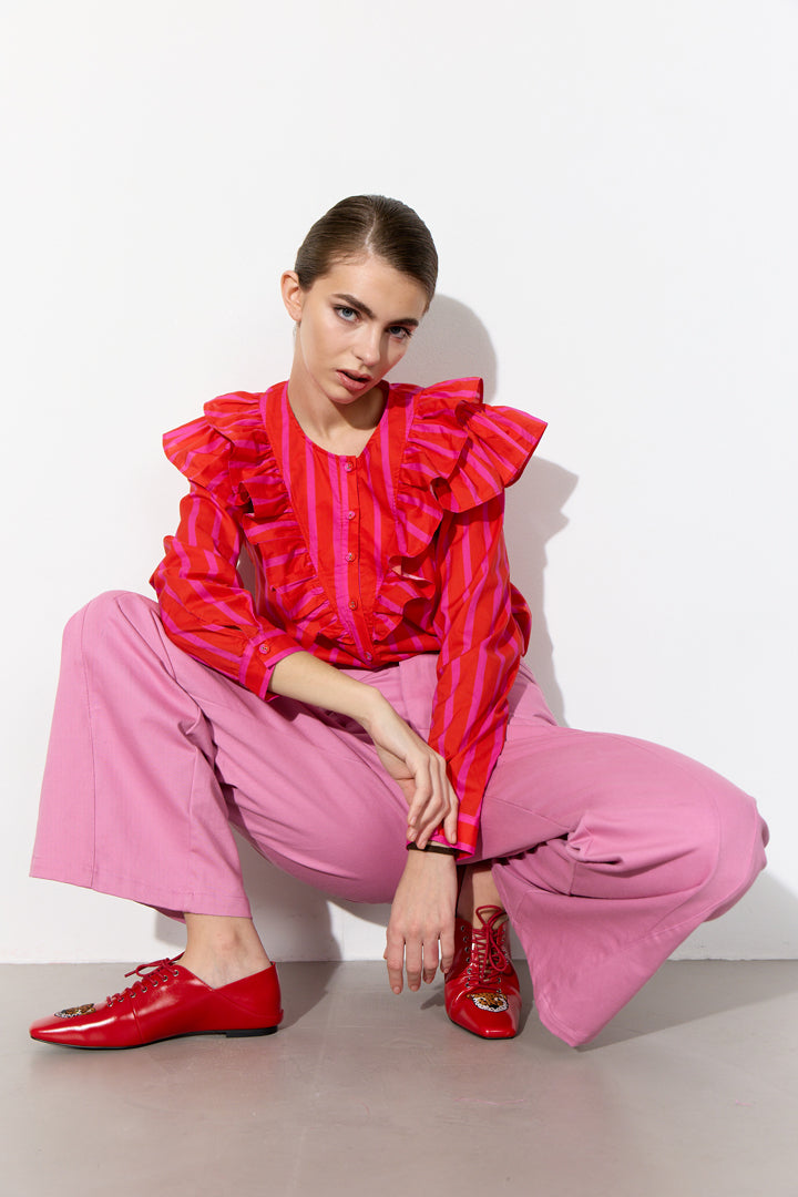 HUNKØN Lucinda Ruffle Shirt Skjorter Red Striped