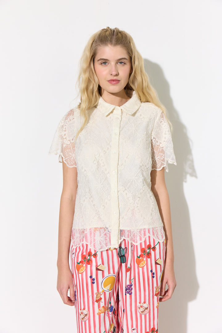 HUNKØN Lulu Short Lace Shirt Skjorter Cream Lace