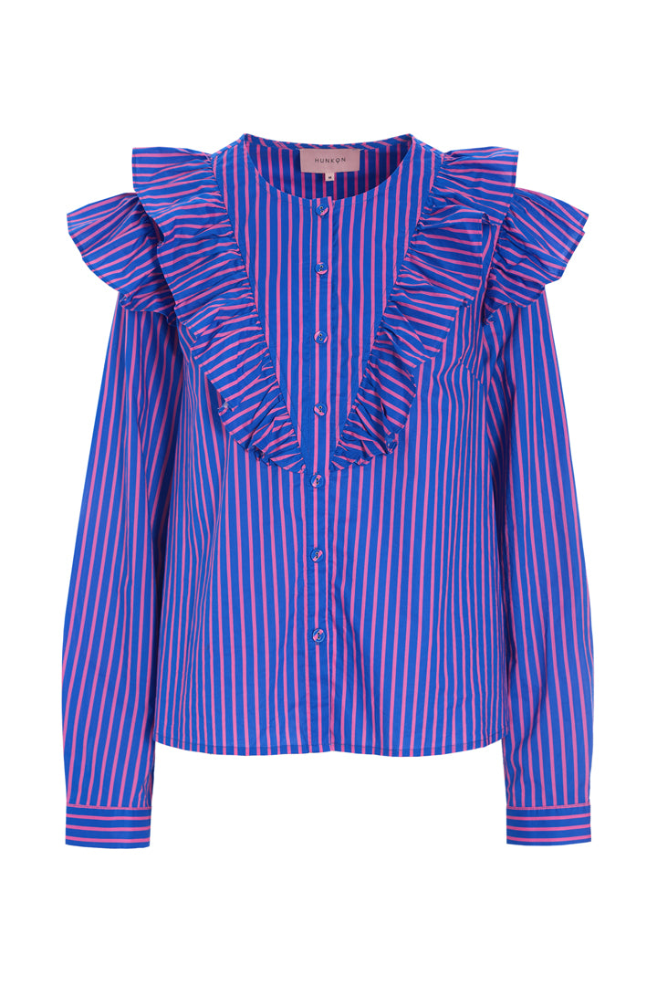 HUNKØN Lucinda Ruffle Shirt Skjorter Blue Striped
