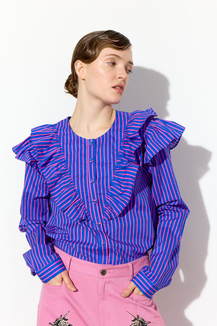 HUNKØN Lucinda Ruffle Shirt Skjorter Blue Striped