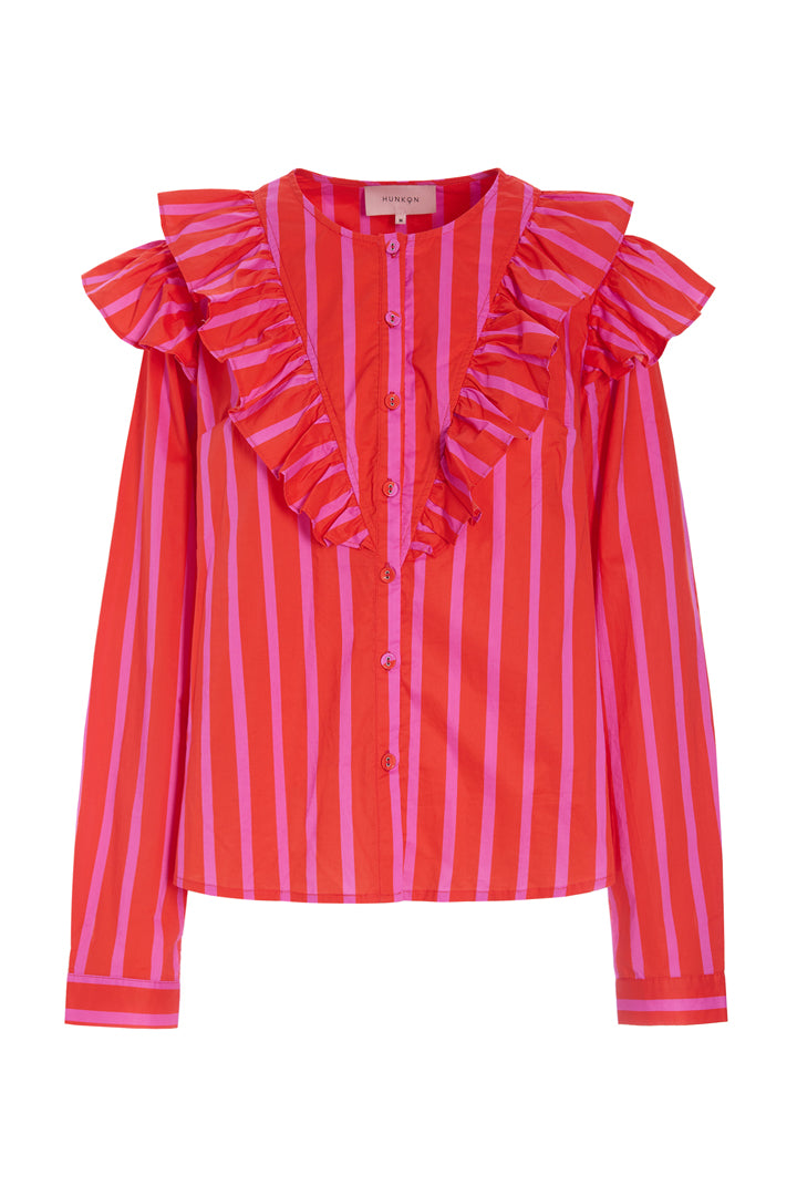 HUNKØN Lucinda Ruffle Shirt Skjorter Red Striped