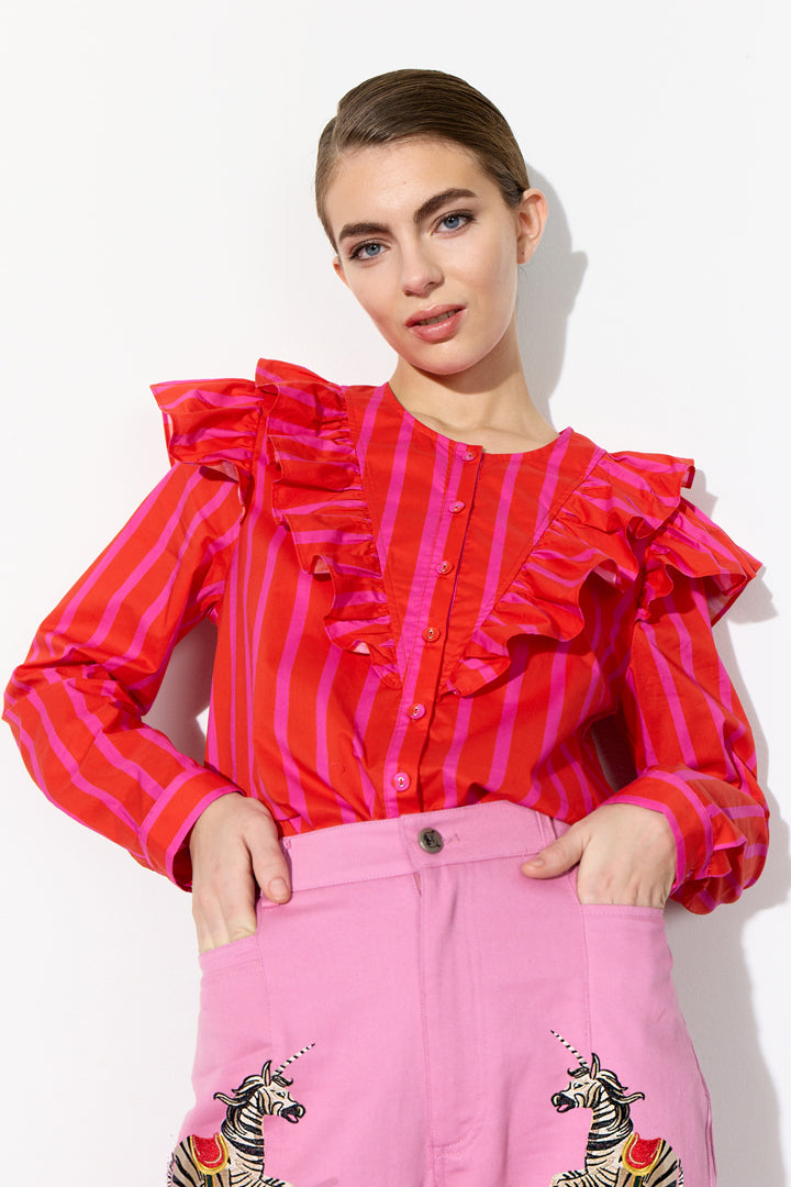 HUNKØN Lucinda Ruffle Shirt Skjorter Red Striped