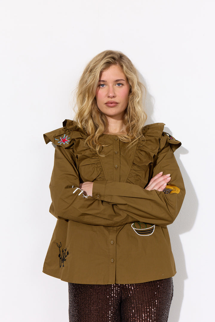 HUNKØN Nola Ruffle Shirt Skjorter Olive